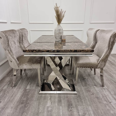 Xavia 1.8M Luxury Dining Table with Marble or Glass Top & Stainless Steel Double X Base - UK Luxury Furniture
